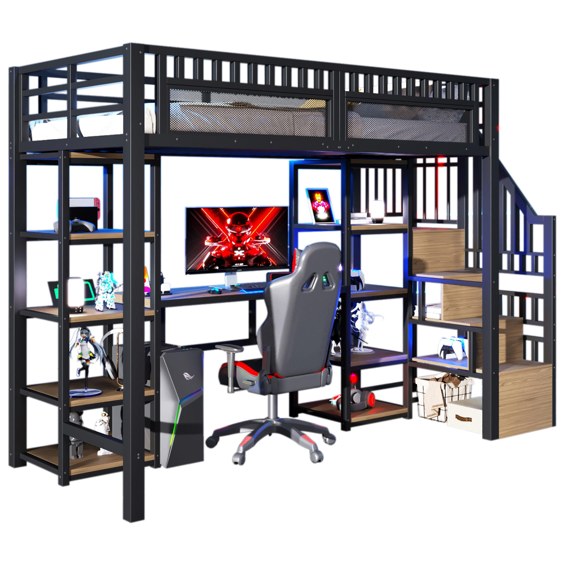 HOCHBETT 90/200 cm aus Metall mit Schreibtisch, Stauraumleiter und LED-Lichtleiste Schwarz - Schwarz, Metall (90/200cm) - Modenvie