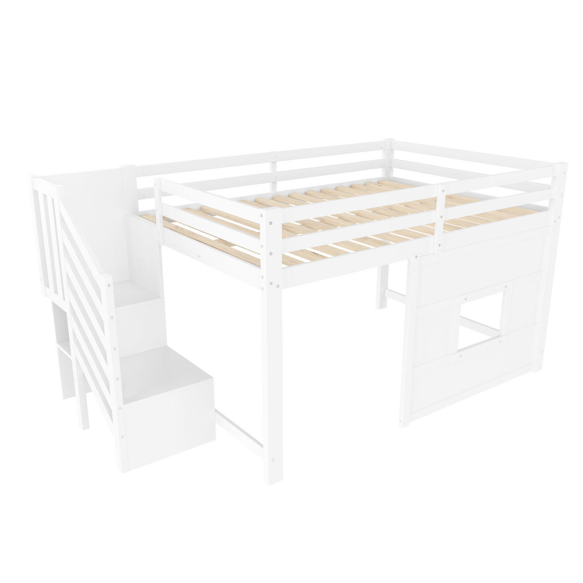 HOCHBETT 140/200 cm weiß aus MDF mit Stauraumtreppe Fenster und LED-Kopfteil - Weiß, Holzwerkstoff (140/200cm) - OKWISH