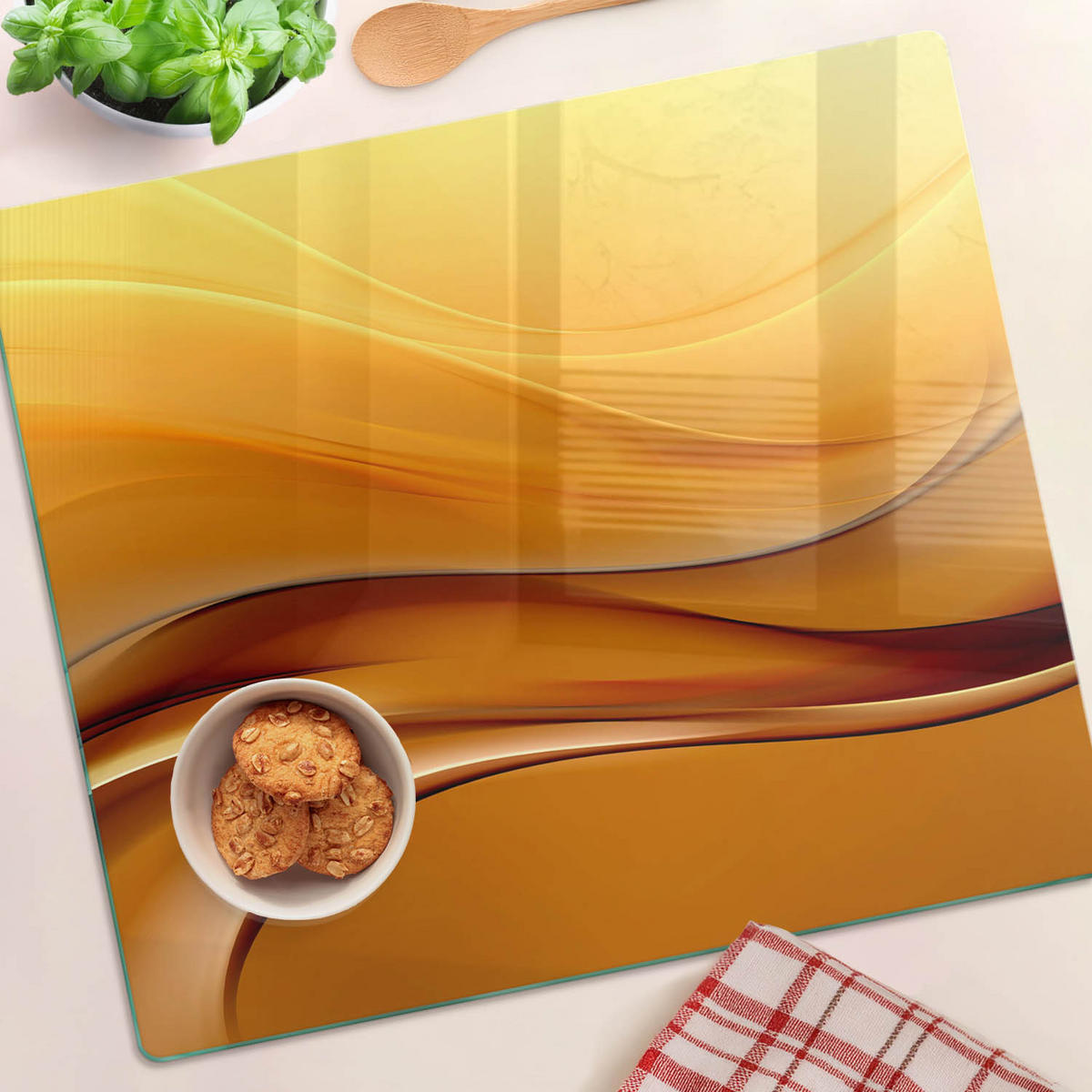 GLASPLATTE 60x52 cm Wellenhintergrund - Orange/Braun, Glas (60/0.4/52cm) - TULUP