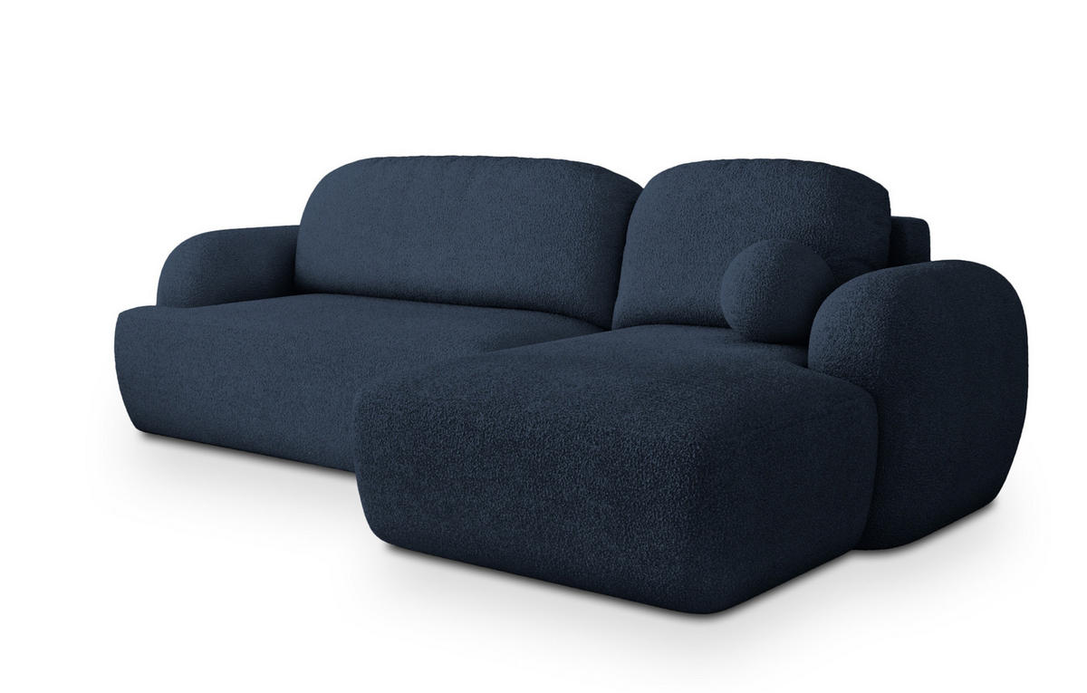 ECKSOFA MODENZA N R-S Blau Boucle-Stoff mit Schlaffunktion - Blau, Holz (266/148cm) - MASSENO