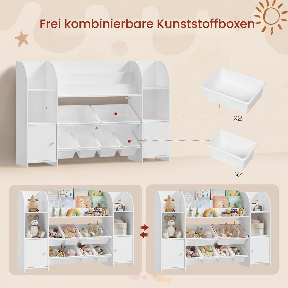 KINDERREGAL mit 6 Schubladen Weiß - Weiß, Kunststoff (135.8/90/29.8cm) - Woltu