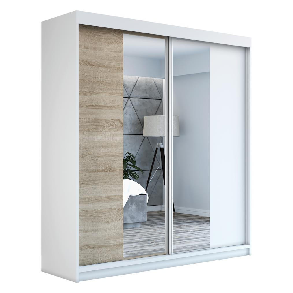SCHWEBETÜRENSCHRANK 160 CM NEO Farbe: Weiß / sonoma / weiß - Weiß/Braun, Holzwerkstoff (160/215/59.5cm) - A&J MöbelLand