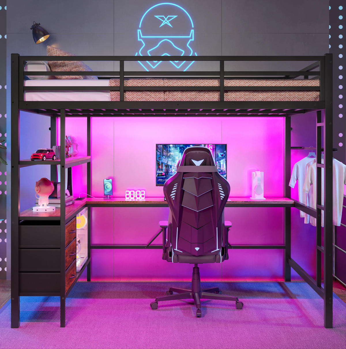 HOCHBETT aus Metall und MDF 140x200 cm Schwarz mit LED-Beleuchtung, Schreibtisch, USB und 3 Schubladen - Schwarz, Metall (90/190cm) - Modfu