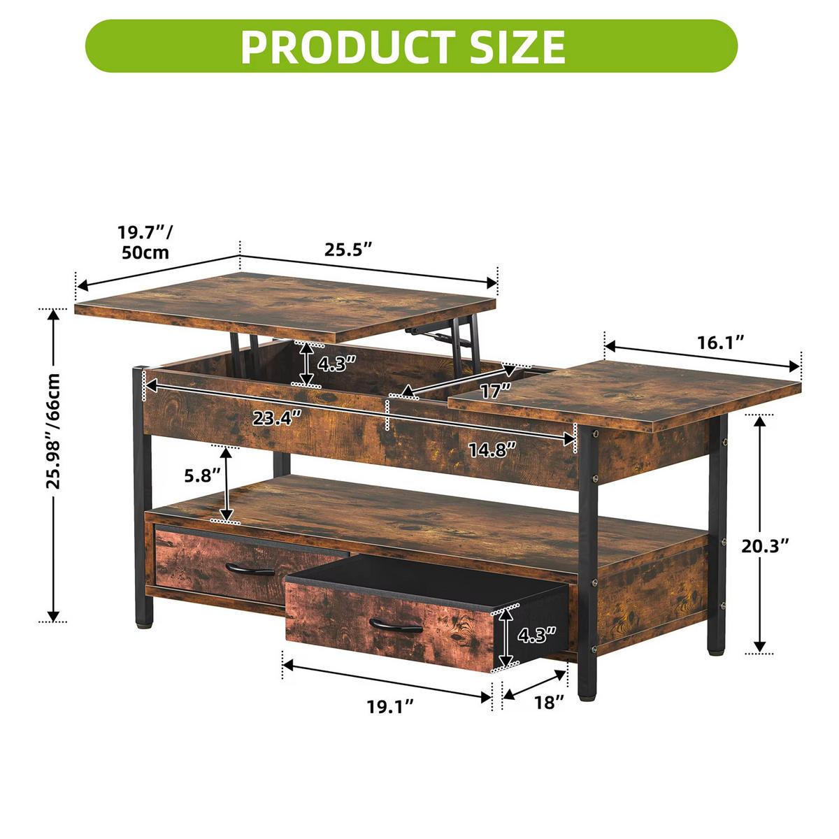 COUCHTISCH Lift-Top Holz LED RGB 2 Schubladen - Braun, Holz (106/50/51.5cm) - Kaket
