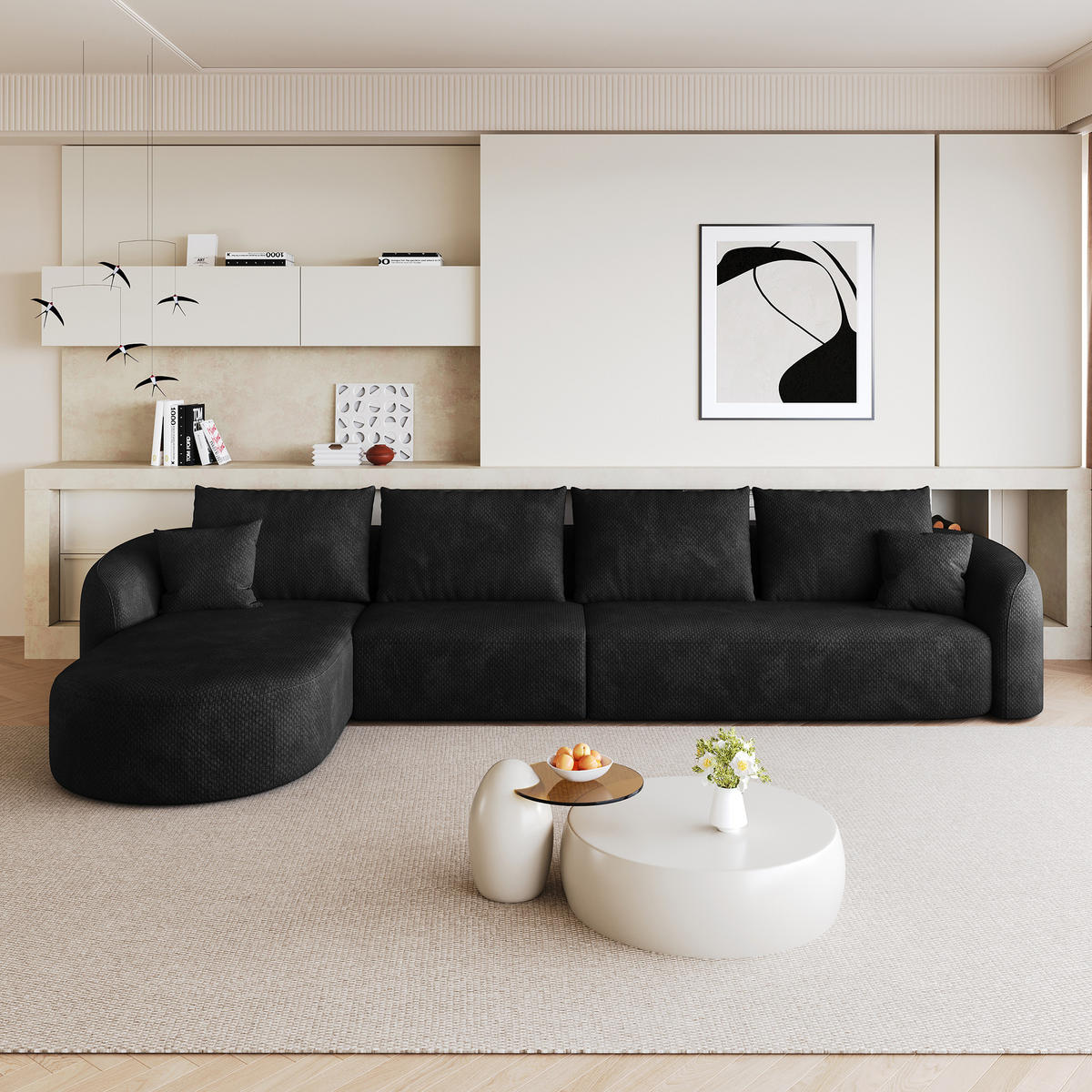 ECKSOFA 336/168/85 cm Schwarz Chenille mit Chaiselongue, Linke Seite - Schwarz, Textil (336/168cm) - Oxeza