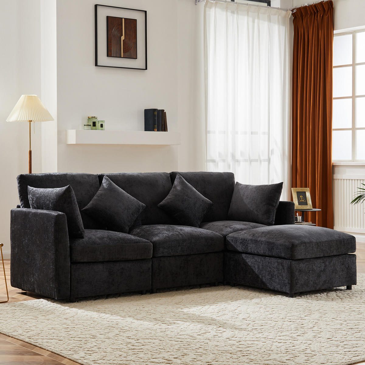 ECKSOFA Chenille mit Hocker 216/161/81 cm Grau abziehbare Sitzkissen - Grau, Textil (161/216cm) - Redom