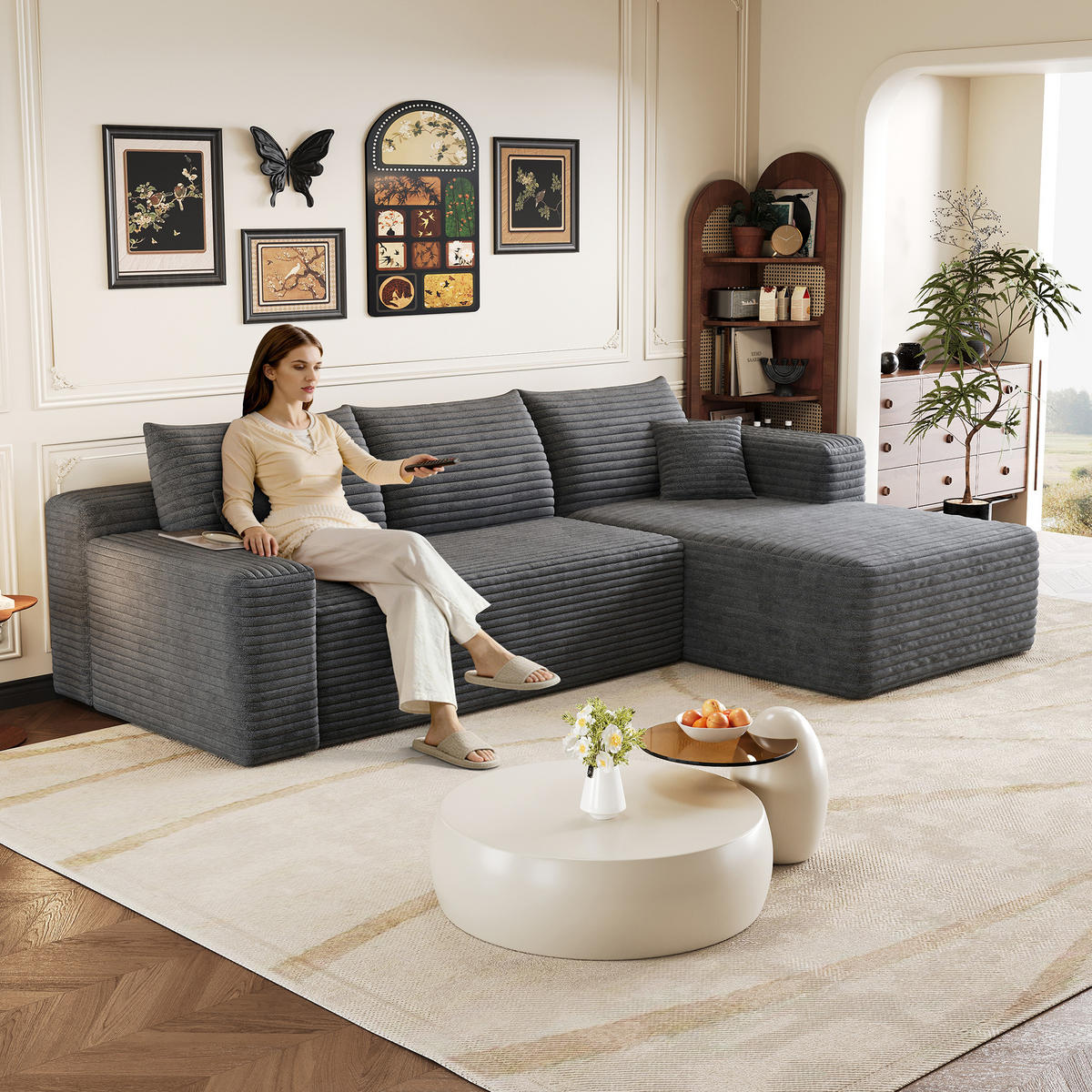 ECKSOFA 241/151/58 cm dunkelgrau aus Stoff mit Chaiselongue und ohne Montage - Dunkelgrau, Textil (151/241cm) - OKWISH