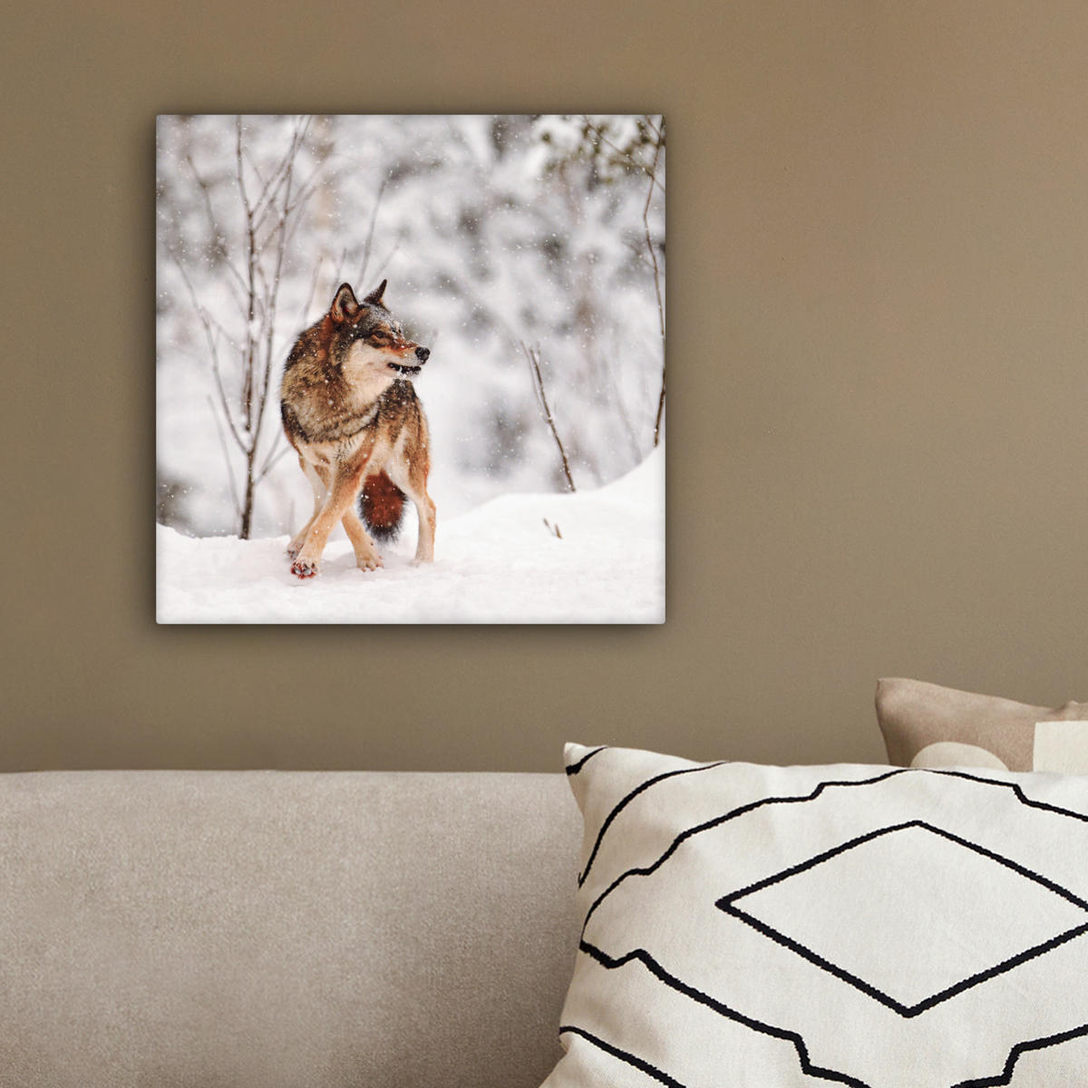 LEINWANDBILD Wolf - Winter - Schnee - Natur - Tiere 20x20 cm - Haselnussfarben, Textil (20/20cm) - MuchoWow