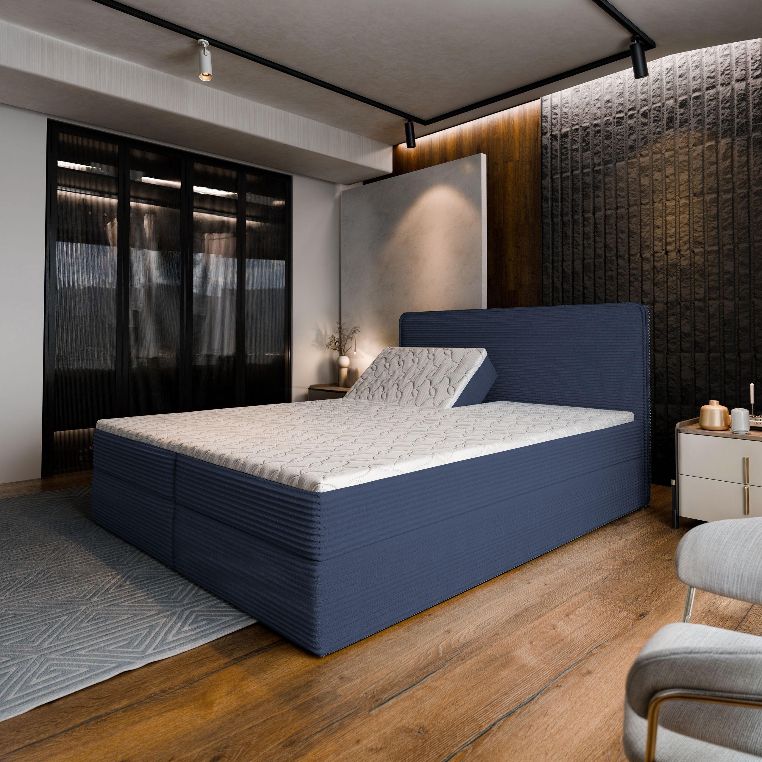 BOXBETT ASTOR 180x200 cm mit Matratze und Topper - Blau - Blau, Holz (180/200cm) - MASSENO