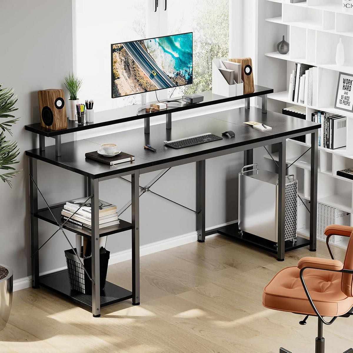 SCHREIBTISCH mit Monitorständer und Regal Schwarz 120 x 50 cm - Schwarz, Holzwerkstoff (120/50/86.5cm)