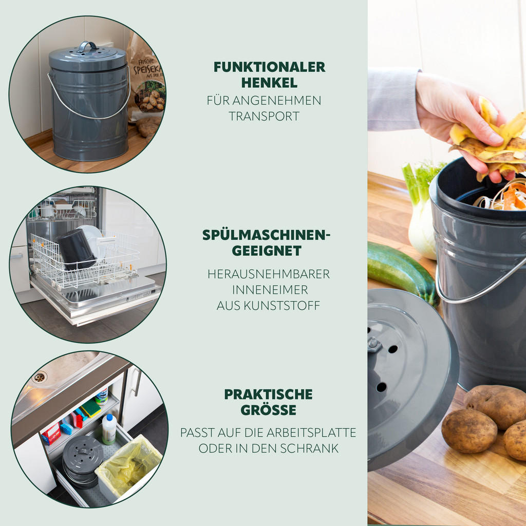 Thumbnail - bremermann Komposteimer, Grau, Metall, 20.5x29.5x20.5 cm, Küchen, Küchenausstattung, Mülleimer