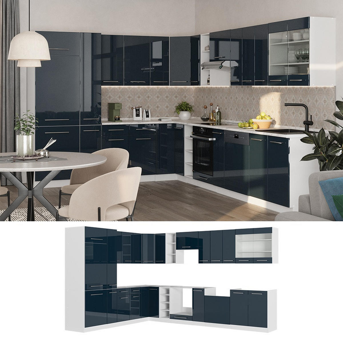 HÖRNKÖK Fame-Line, Mörkblå högblank/Vit, 347 x 257 cm, AP Antracit - Vit/Mörkblå, Träbaserade material (347/206.8/60cm) - Vicco