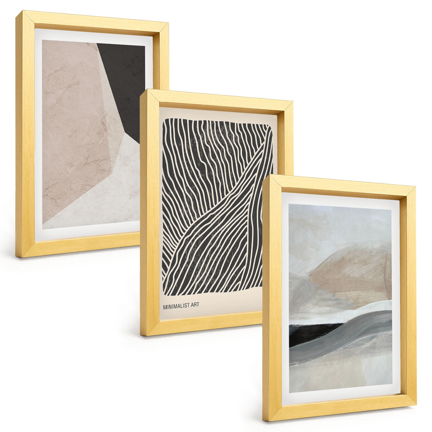 BILDER SET 3er Set - 20x30 cm Goldrahmen - Abstrakte Muster in Beige und Grau - Goldfarben, Kunststoff (20/30cm) - TULUP