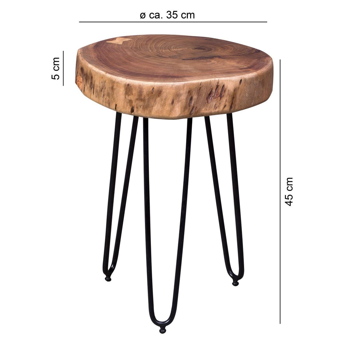 BEISTELLTISCH Massivholz Metallbeine Baumstammoptik BALU, Beige 35x35x45 cm - Beige/Schwarz, Holz/Metall (35/35/45cm) - KADIMA DESIGN