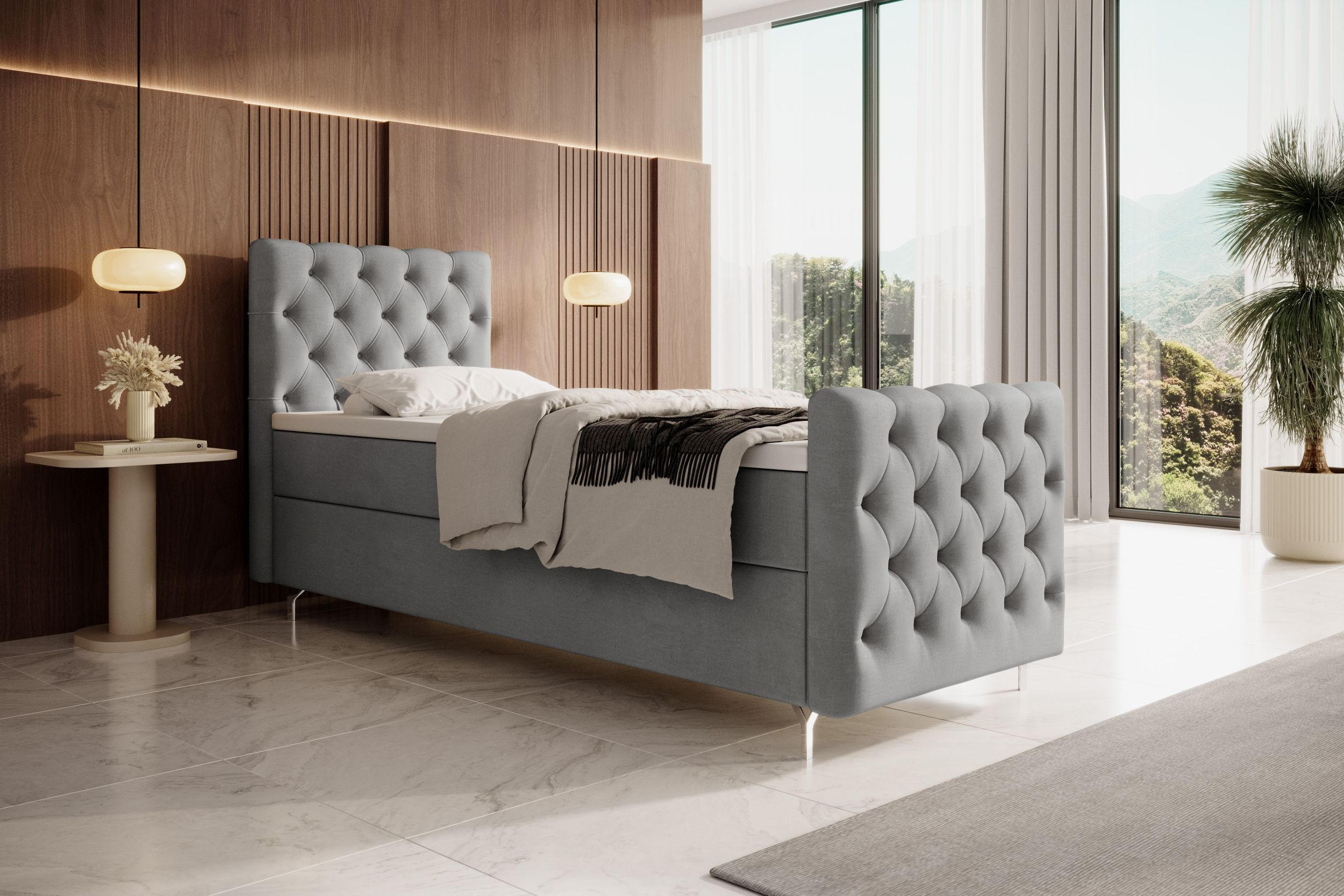 BOXBETT CHESTER PLUS P mit Matratze H3, Bonell und Topper 100x200 Monolith 84 - Hellgrau, Textil (100/200cm) - Bedante