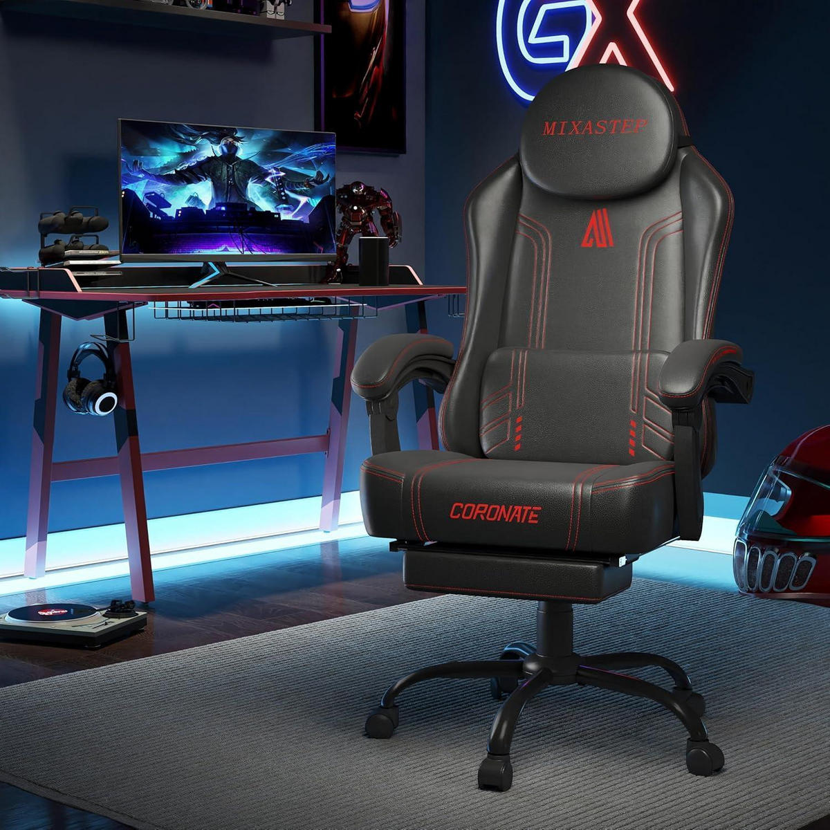 GAMING Stuhl Ergonomisch Rot mit Verstellbarer Rückenlehne & 360° Drehfunktion - Schwarz, Kunststoff (50/128/52cm)