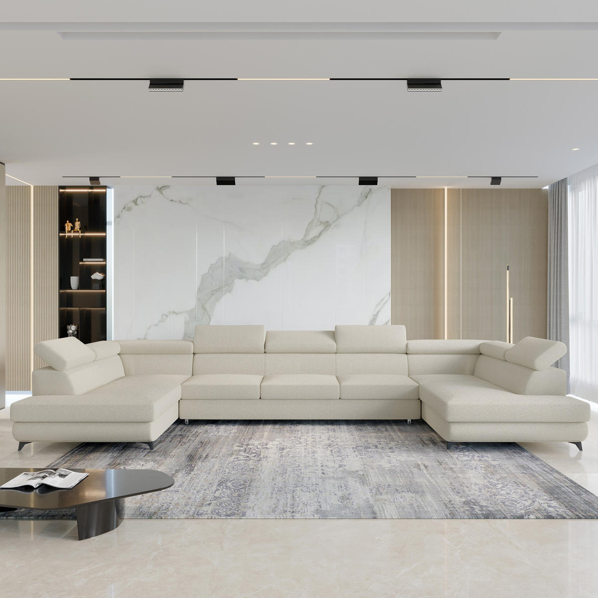 ROHOVÁ SEDAČKA URMANO krémová - černá/krémová, kov/dřevo (395/190cm) - MASSENO