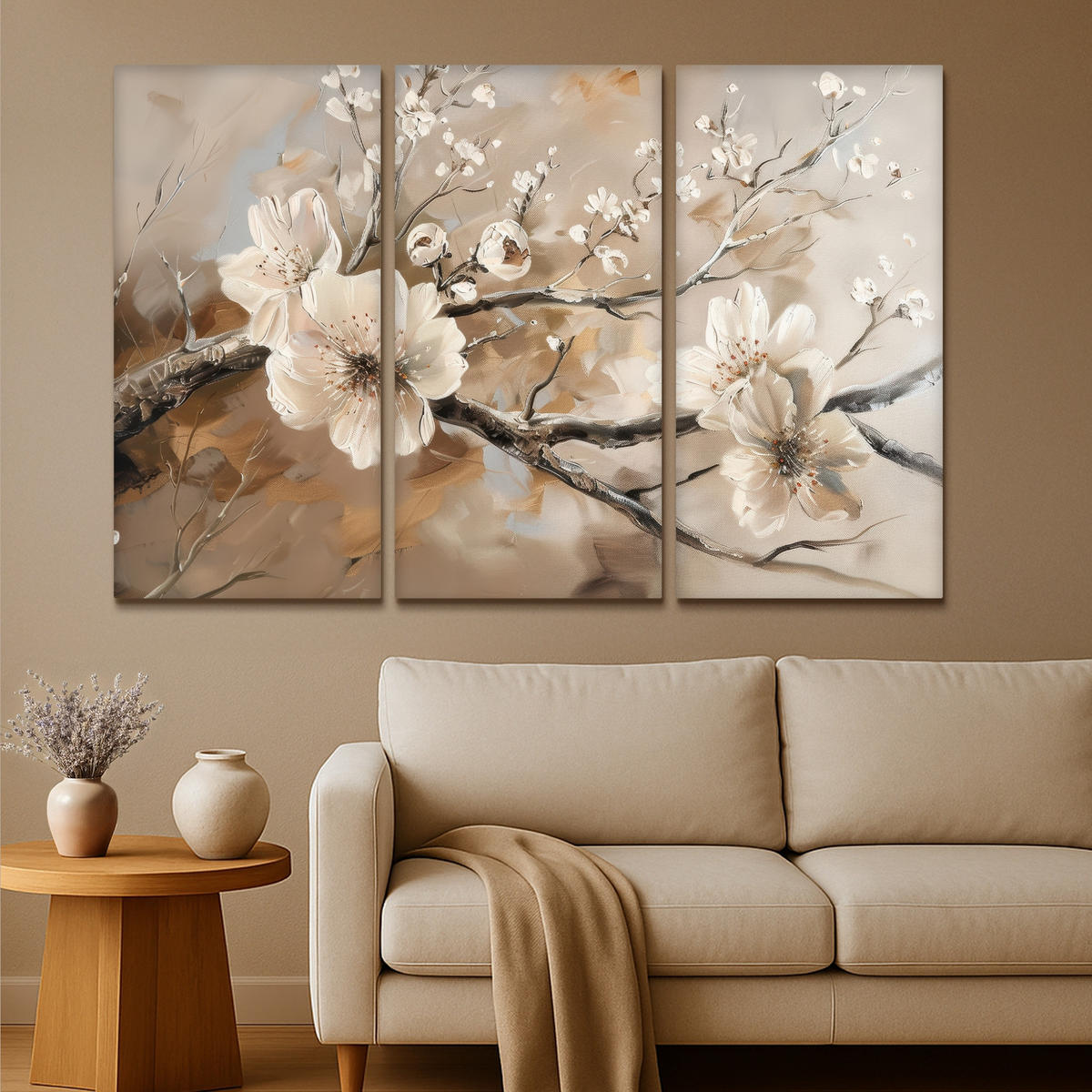 LEINWANDBILD 3er Set Blüte - Beige - Abstrakt - Blumen 180x120 cm - Hellbraun, Textil (180/120cm) - MuchoWow