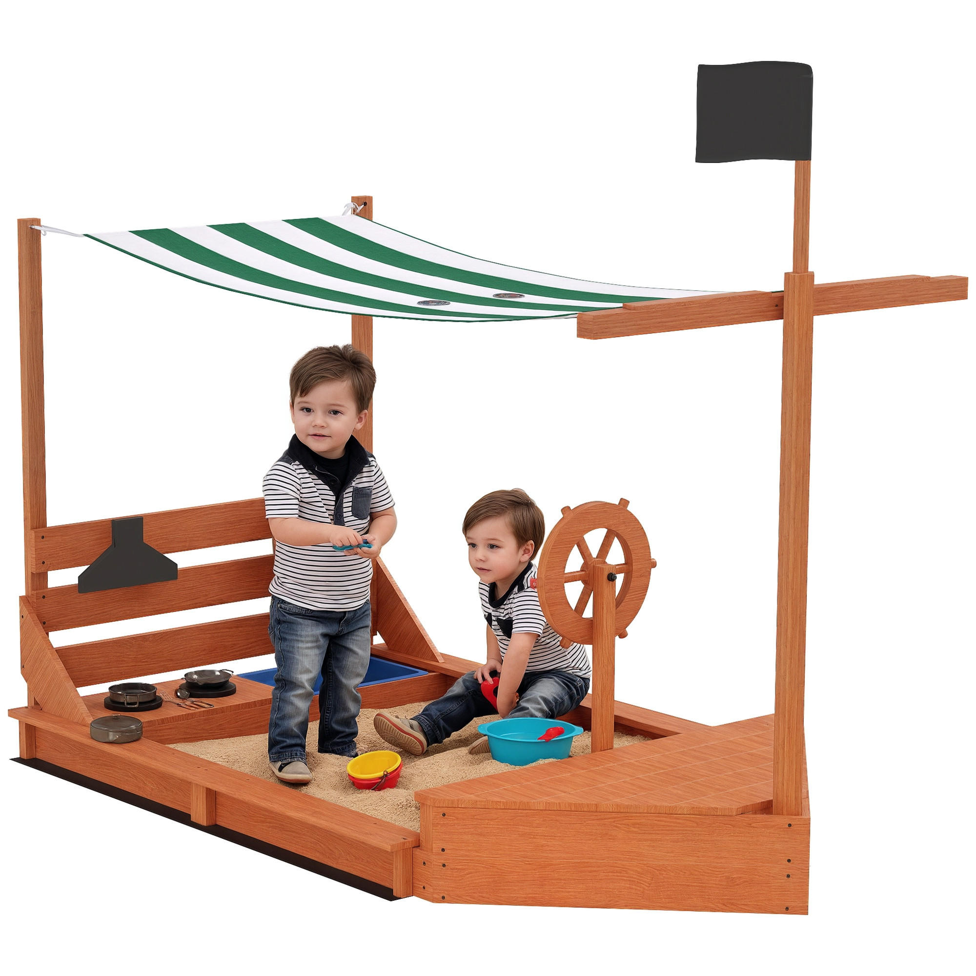 SANDKASTEN DE-10469 Piratenschiff mit Sonnendach & Küchenset Grün - Grün, Holzwerkstoff (180/103/144.5cm) - ComfortXL
