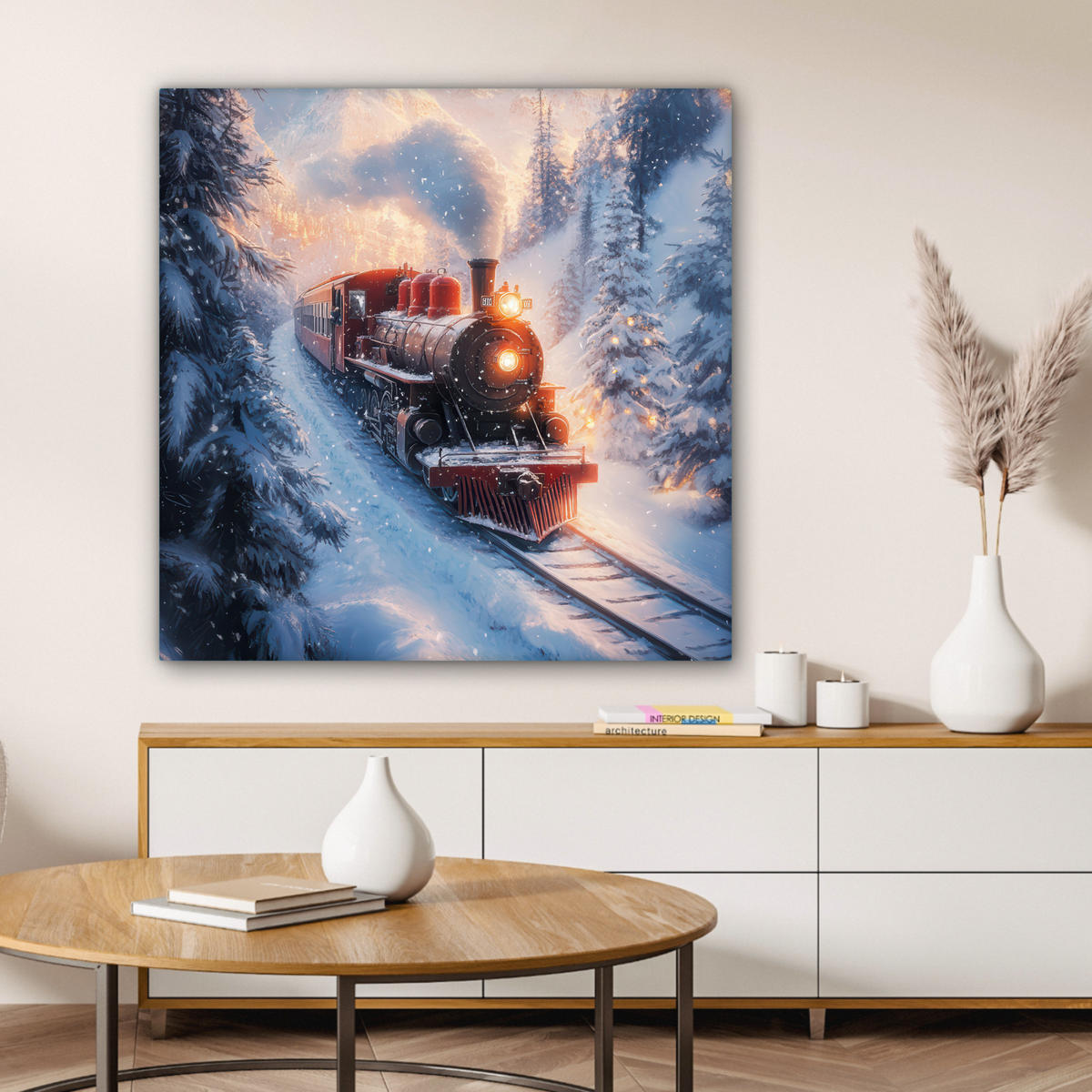 LEINWANDBILD Weihnachtszug - Schnee - Winter - Weihnachten 90x90 cm - Dunkelrot, Textil (90/90cm) - MuchoWow