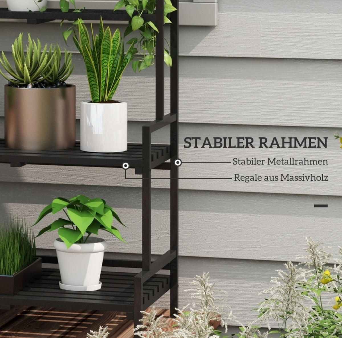 GARTENREGAL aus Metall 110x50x170 cm Schwarz mit 3 Ebenen & 6 Haken - Schwarz, Metall (50/170/110cm) - Modfu