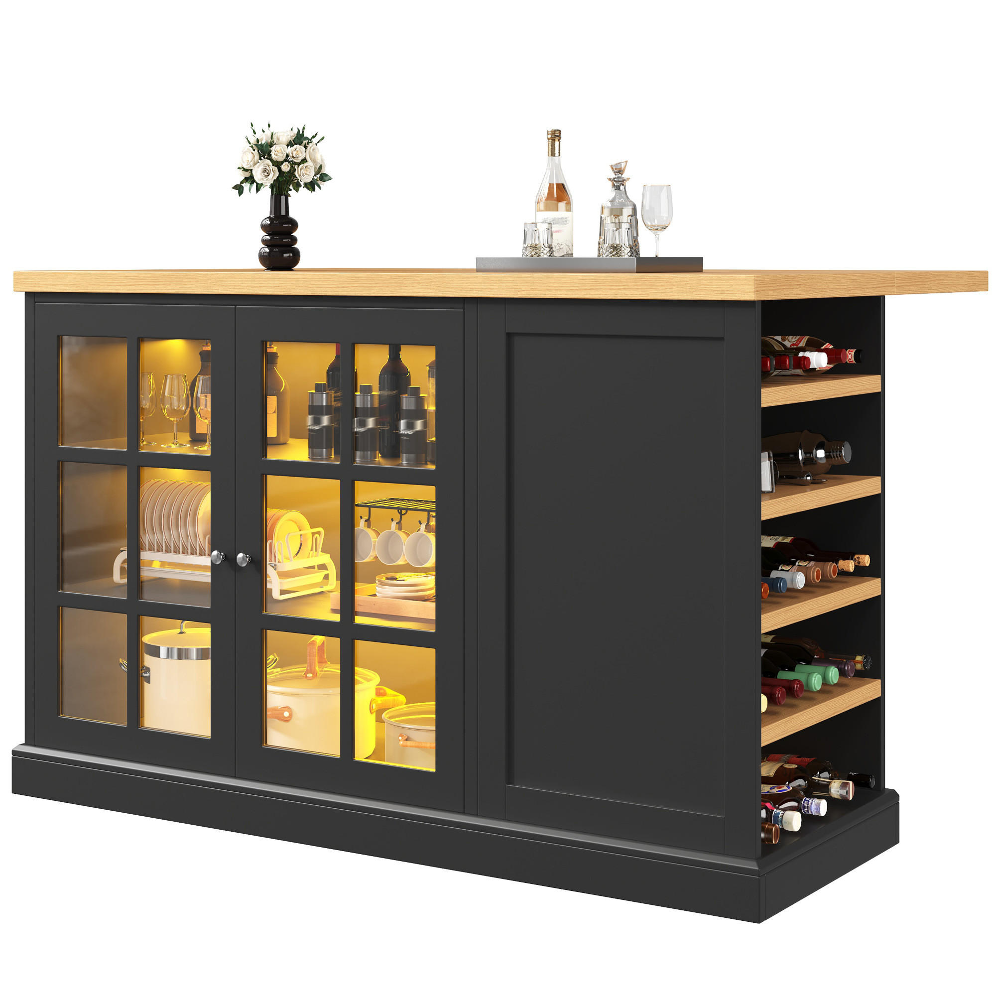 KÜCHENINSEL klappbar mit LED 120 x 40-70 x 90 cm Schwarz - Schwarz, Holz (70/90/120cm) - Beauniv