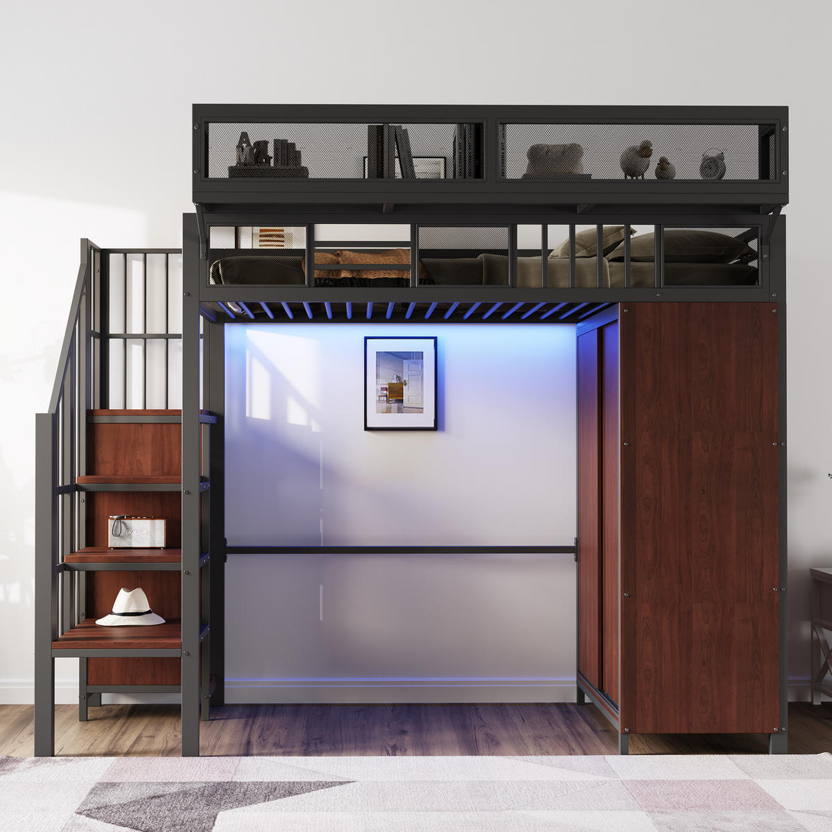 HOCHBETT 90/200 cm Schwarz mit Kleiderschrank mit LED-Beleuchtung aus Metall und Holz - Schwarz, Metall (90/200cm) - OKWISH