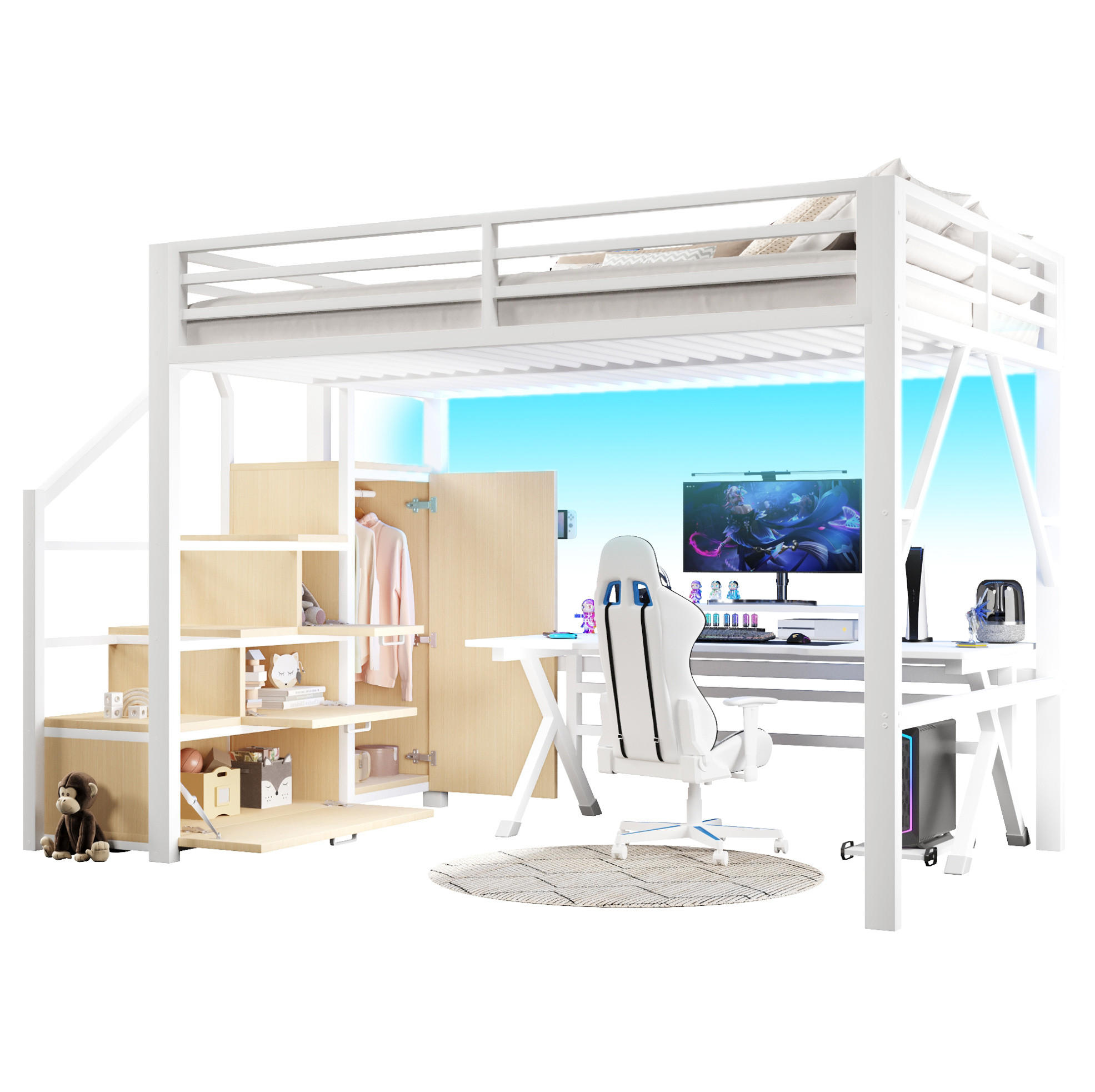 HOCHBETT 140/200 cm Weiß mit LED und Kleiderschrank - Weiß, Metall (140/200cm) - MIVRAY