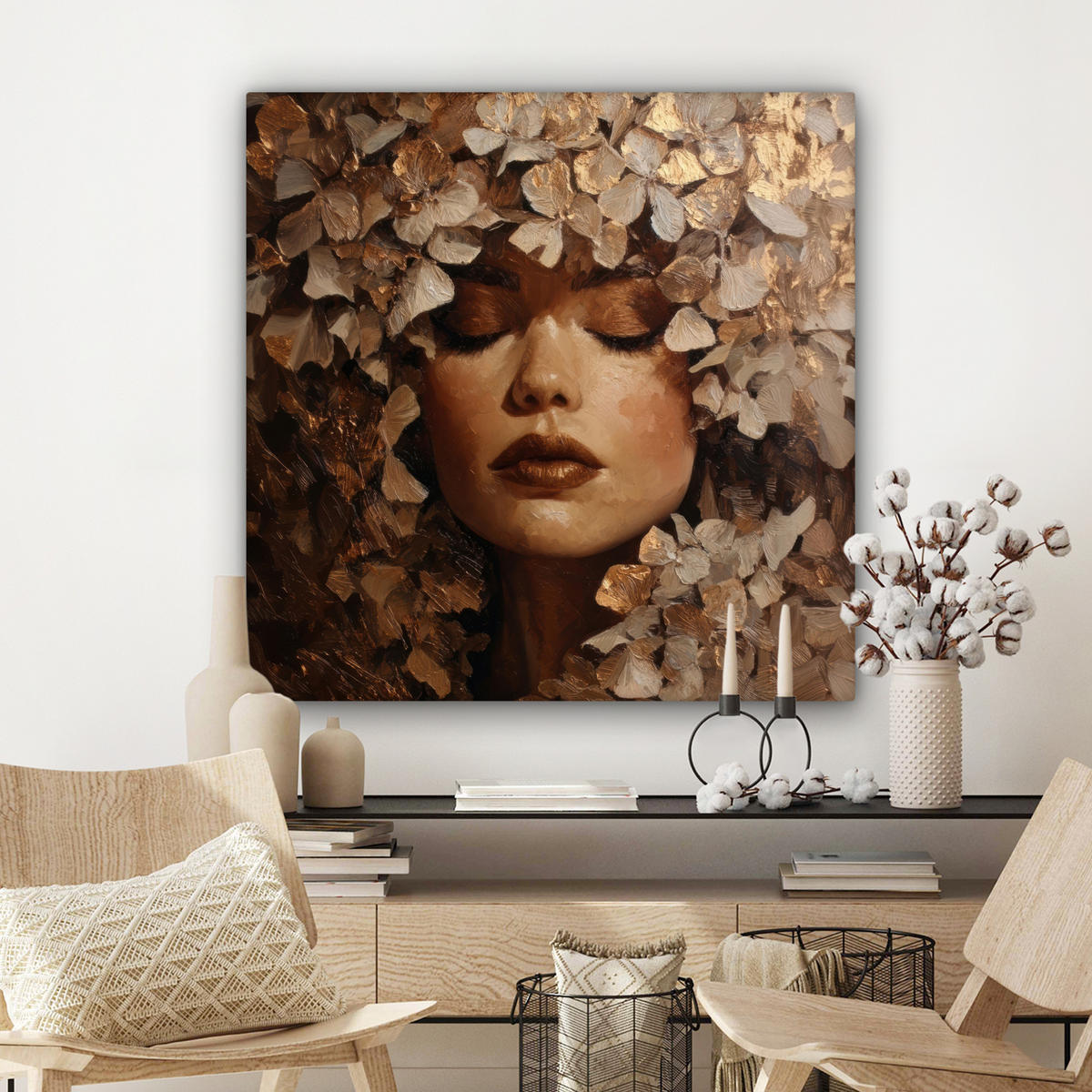 LEINWANDBILD Gesicht - Dame - Blätter - Pinselstriche Deko Groß 90x90 cm - Goldfarben, Textil (90/90cm) - MuchoWow