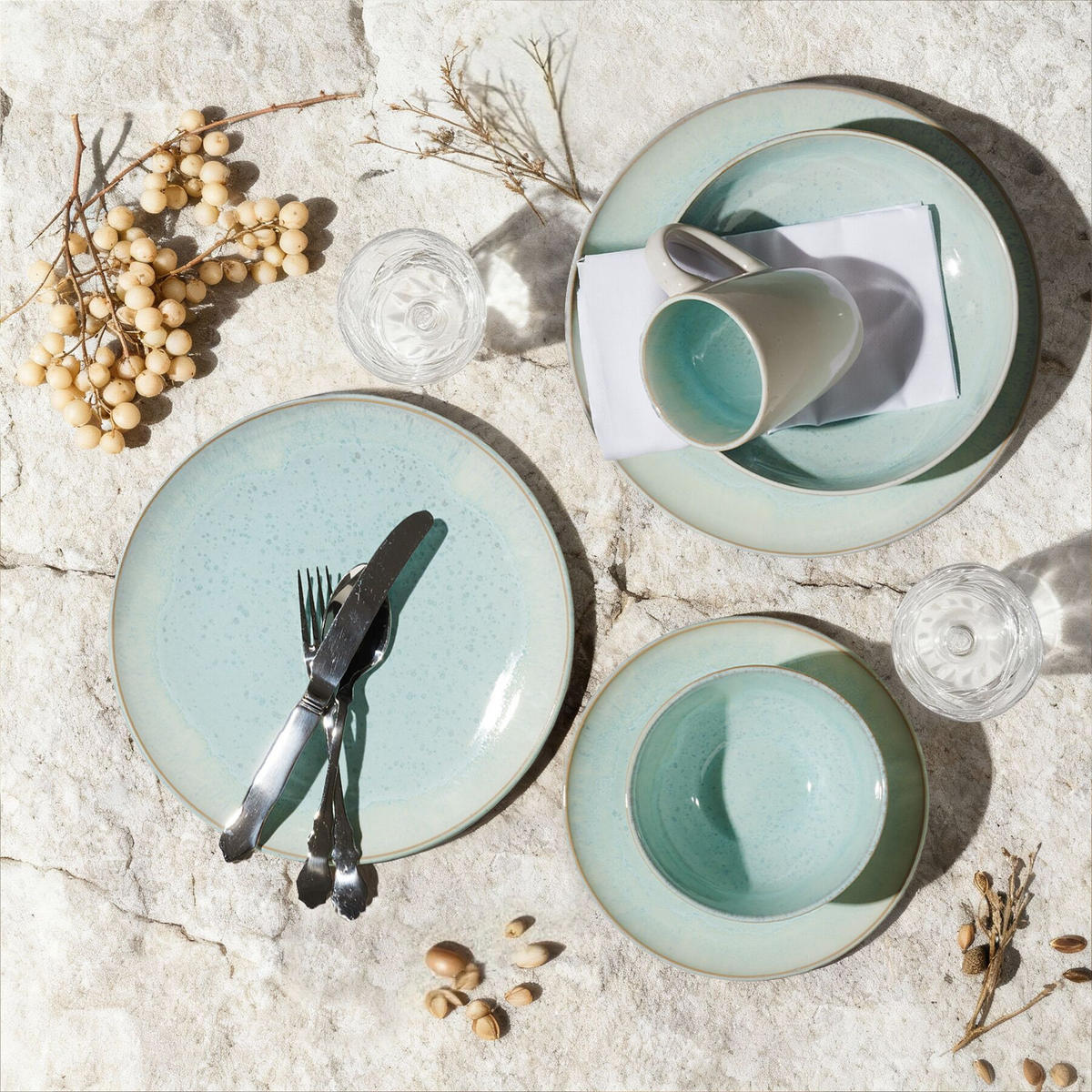 KOMBISERVICE Mare, ineinander stapelbar, Mint - Mintgrün, Keramik (26.5/2.5/26.5cm) - tectake
