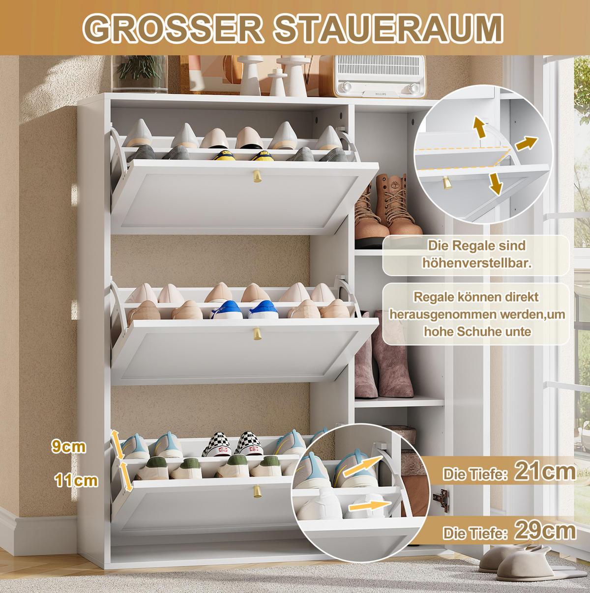 SCHUHSCHRANK 90/25/114 cm in Weiß mit 3 Klappen und 1 Tür - Weiß, Holzwerkstoff (90/114/25cm) - Flora Grace