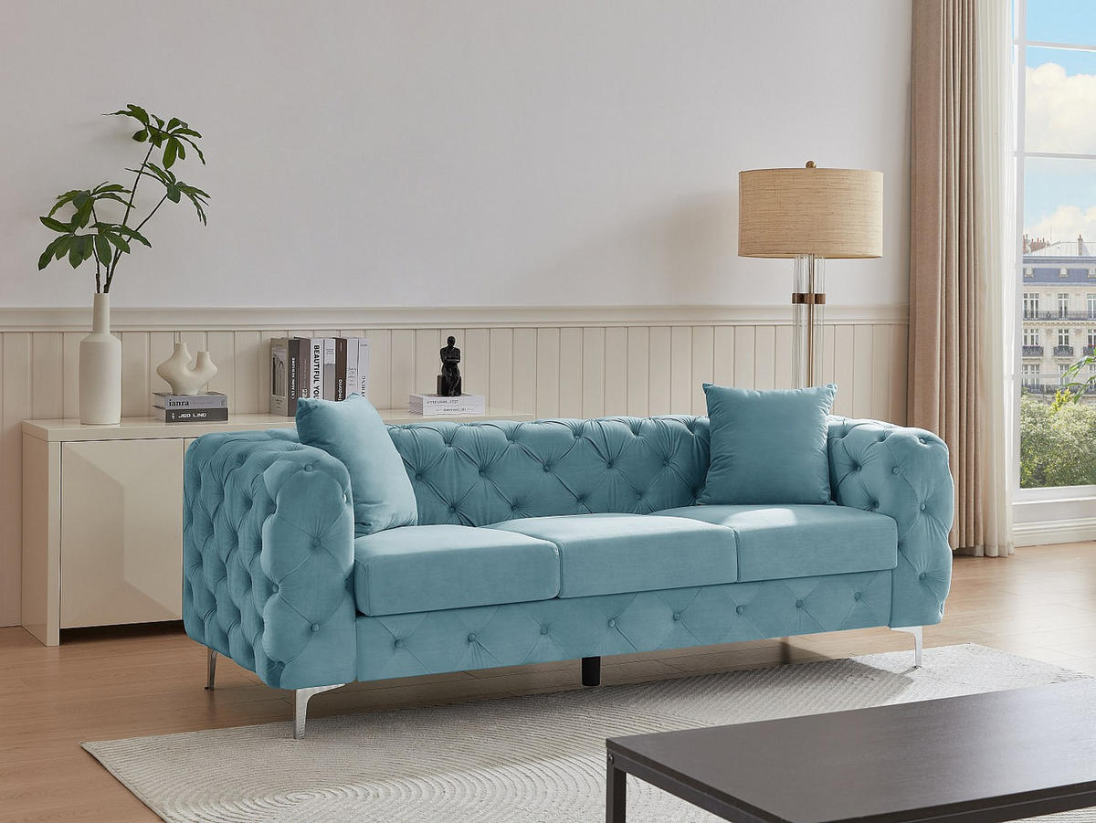 CHESTERFIELD-SOFA 3-Sitzer - Samt - Pastellblau - EDWINA - Hellblau, Textil (220/76/91cm) - Vente-Unique