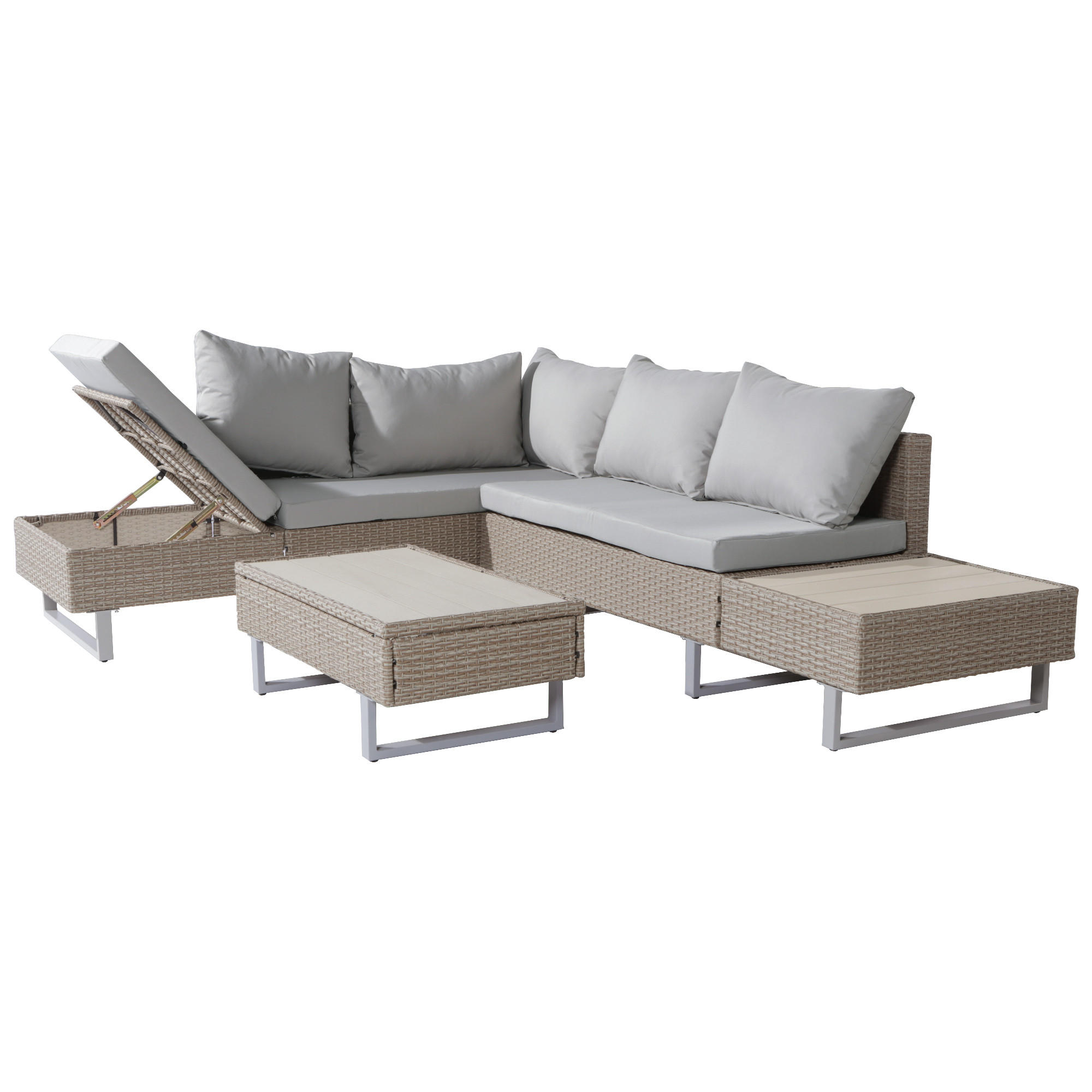 GARTENSET 243x187x64cm beige aus Rattan und Stahl, verstellbar und modular - Beige, Metall - Modfu