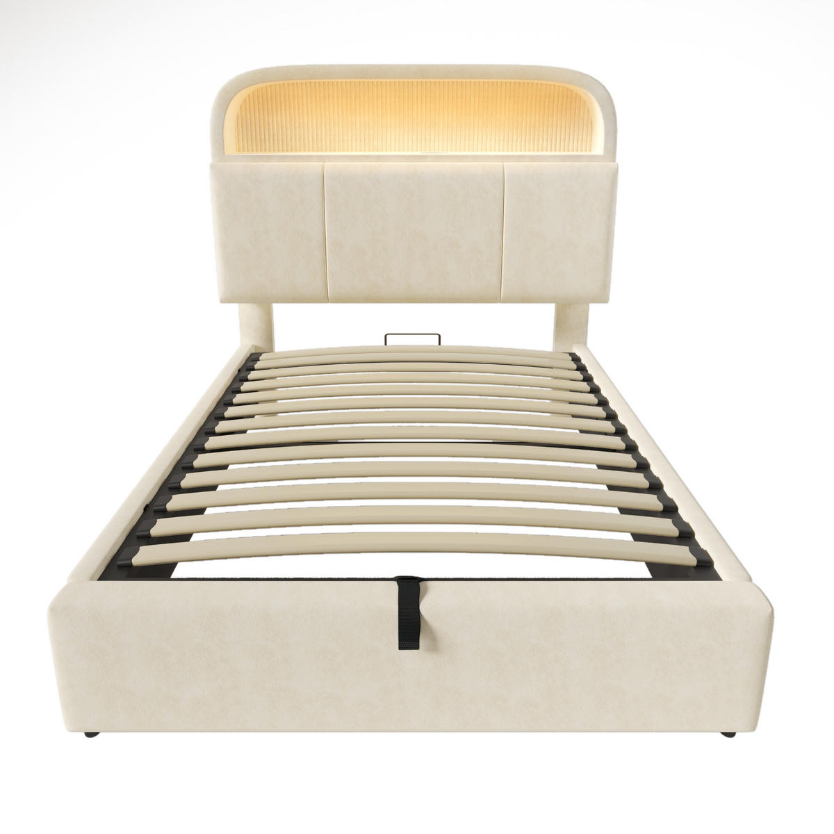 STAURAUMBETT 90/200 cm DE-00718, in Beige, LED und hydraulischem Bettgestell - Beige, Metall (90/200cm) - ComfortXL