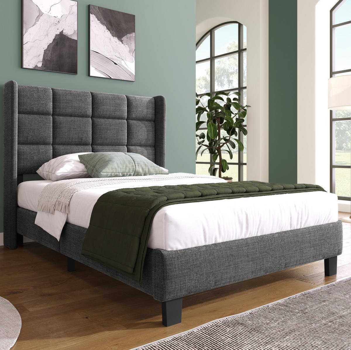 POLSTERBETT 90/200 cm Grau aus Leinen mit Lattenrost - Grau, Textil (90/200cm) - OKMYHOME