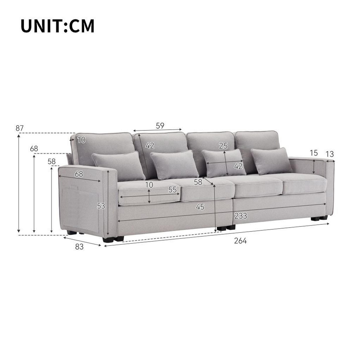 VIERSITZER-SOFA in Hellgrau Leinen mit 4 Kissen - Hellgrau, Textil (83/87/264cm) - KOMHTOM