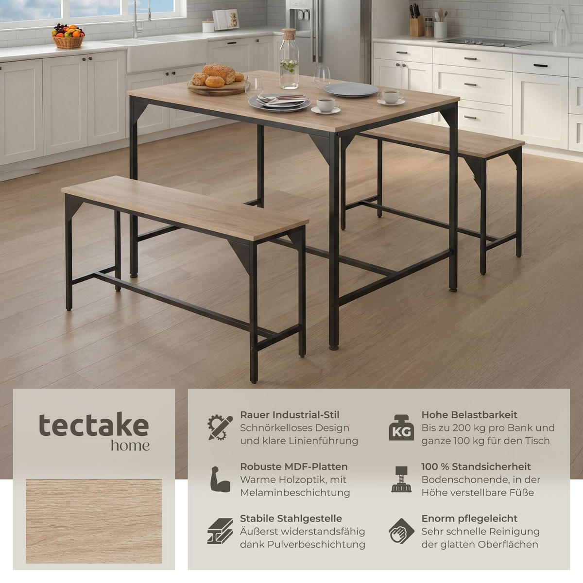 SITZGRUPPE Bolton, mit höhenverstellbaren Kunststofffüßen, Industrial Holz hell, Eiche Sonoma - Naturfarben, Holz (130/75/100cm) - tectake