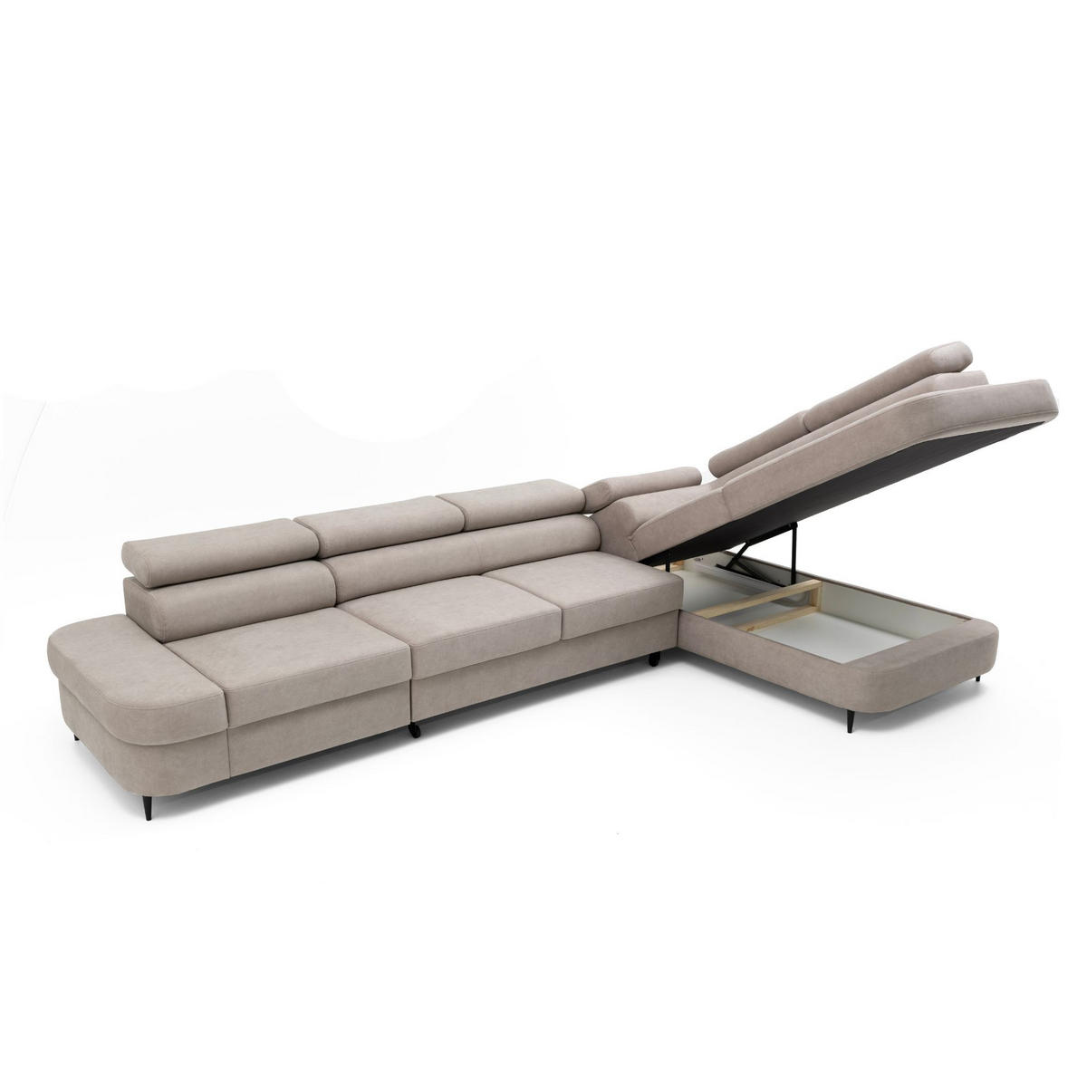 ECKSOFA PRIAM MAXI L-Form Rechts mit Schlaffunktion 125x195 Velours Beige - Beige/Schwarz, Holz/Textil (350/203cm) - Muffo
