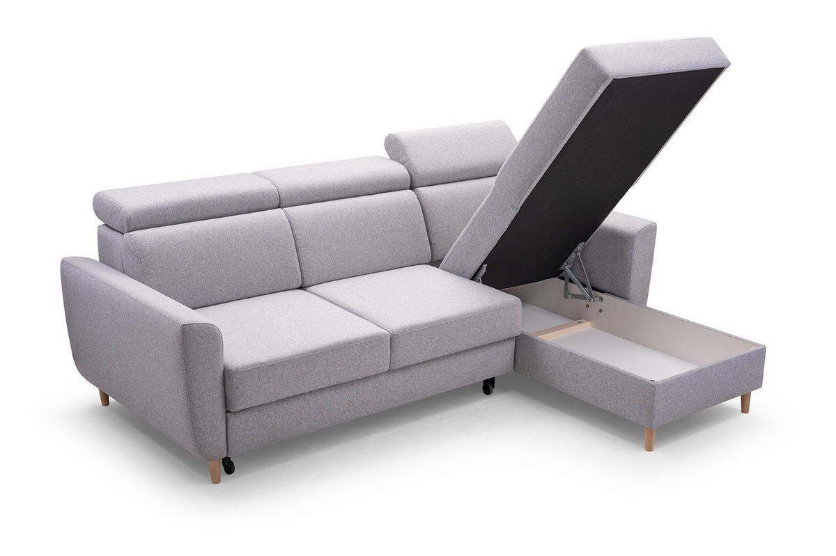 ECKSOFA SAPORE Grau Geflochtener Stoff mit Schlaffunktion - Grau, Holz (235/170cm) - MASSENO