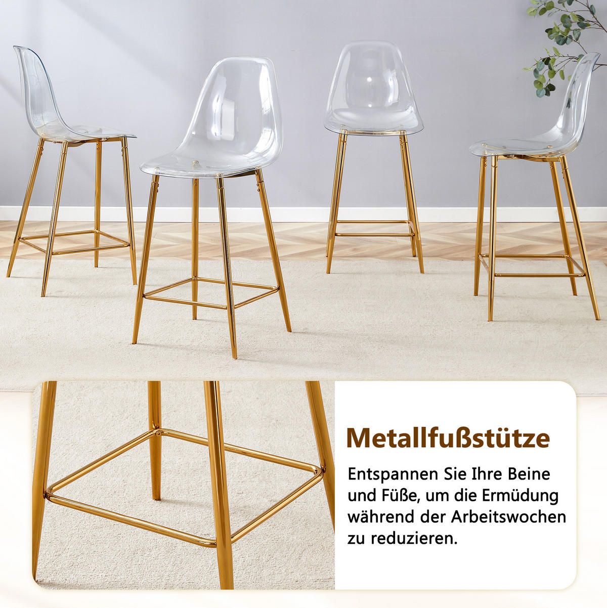 BARHOCKER transparent mit Metallgestell und Fußstützen - Goldfarben, Kunststoff (45/102/51cm) - MIVRAY