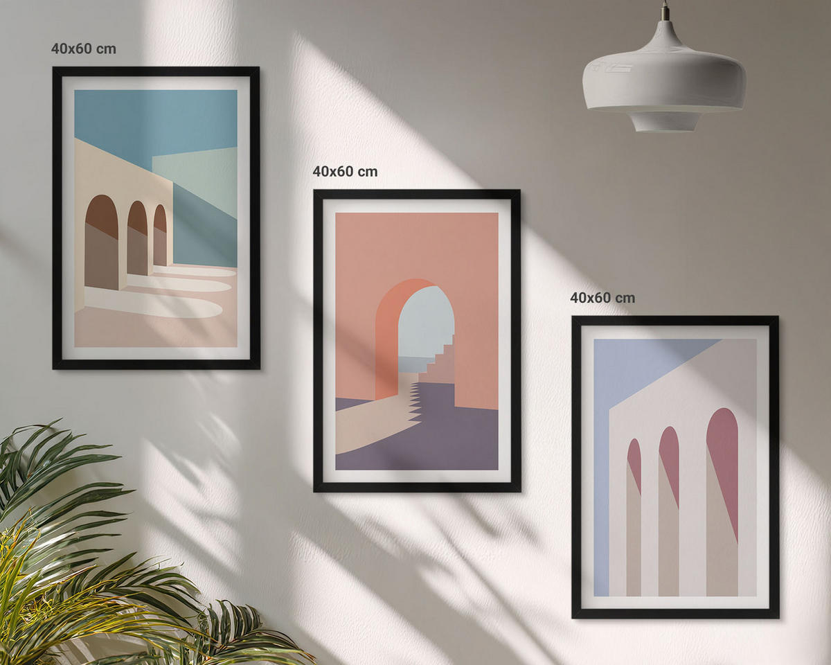 BILDER SET 3er Set - 40x60 cm Schwarzer Rahmen - Architekturgrafiken in Pastellfarben - Schwarz, Kunststoff (40/60cm) - TULUP