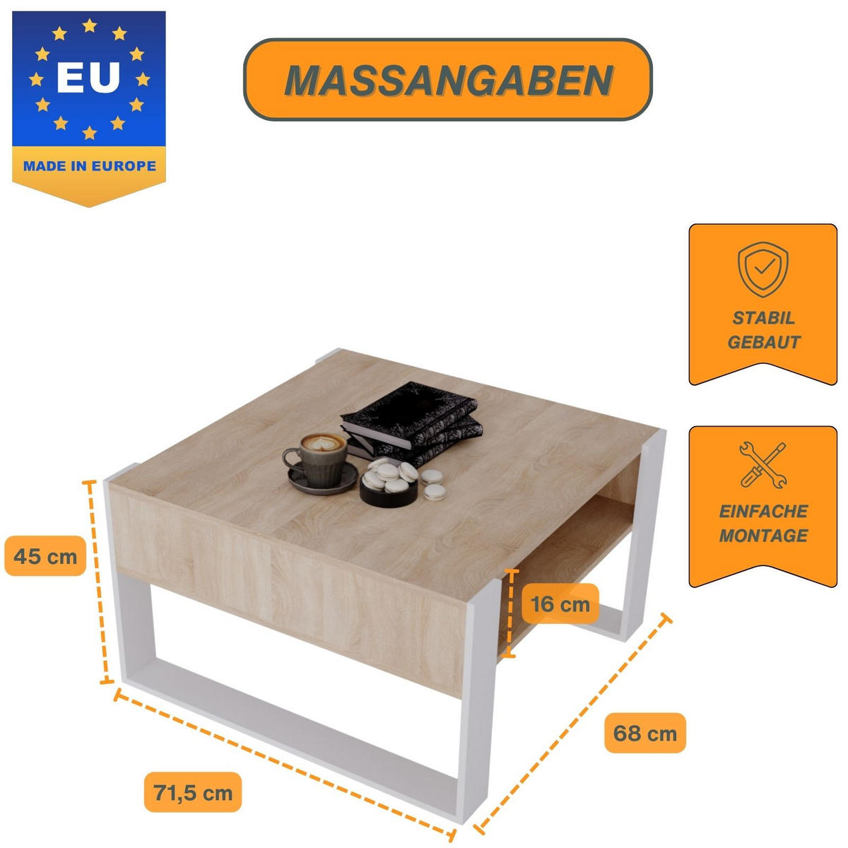 COUCHTISCH Holzwerkstoff rechteckig stabil Sonoma Eiche 45/71.5/68cm - Weiß/Sonoma Eiche, Holzwerkstoff (71.5/68/45cm) - CraftPAK