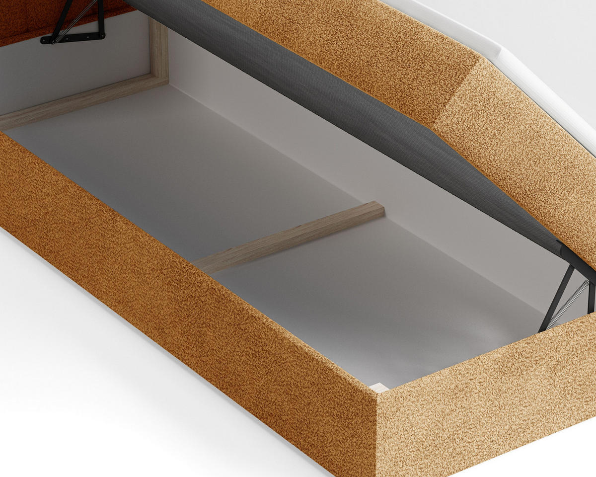 BOXBETT 01 140 x 200 cm - Arena – Stilvoll und bequem Mit Bettkasten, PU-Topper, Federmechanismus, waschbarer Bezug - Goldfarben, Holz (140/200cm) - ROYAL24_MARKT
