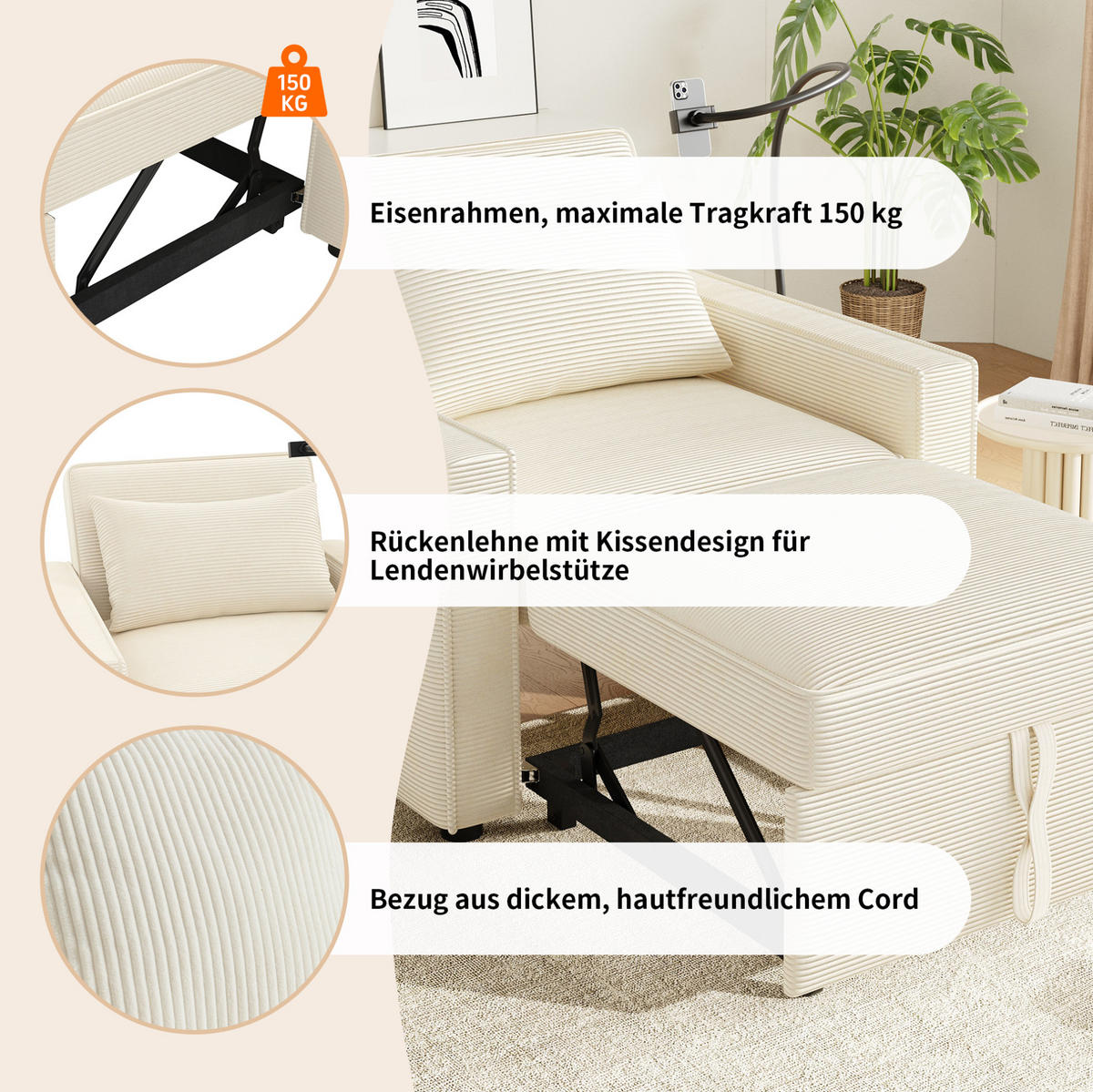 SCHLAFSOFA 1-Sitzer, Cord mit USB-Anschluss & Beistelltisch, 93/150/85 cm, Beige - Beige, Textil (93/85/150cm) - Redom