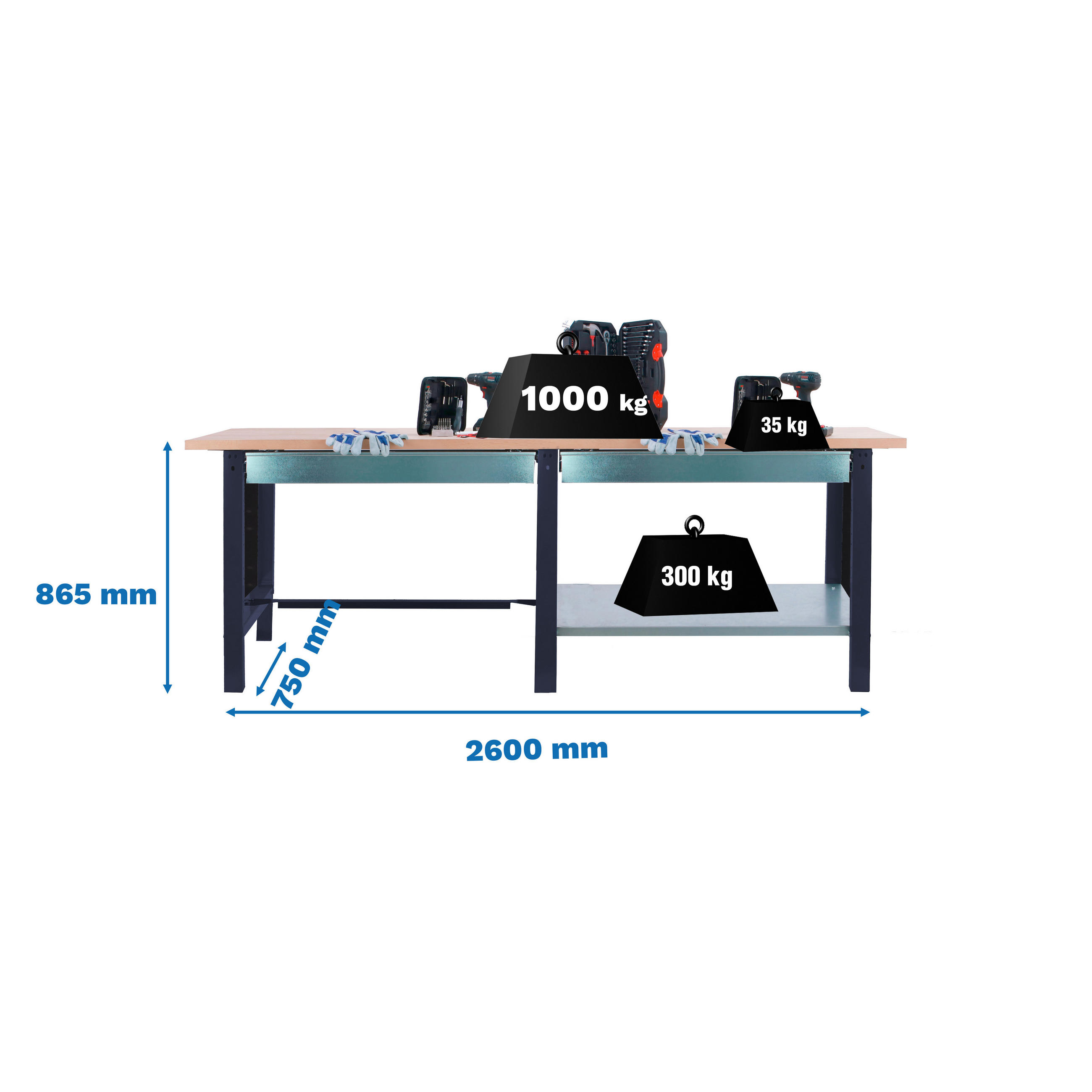 WERKBANK Buffalo Wood mit 2x Schublade HxBxT 86,5 x 260 x 75 cm Traglast 1000 kg Anthrazit - Anthrazit, Metall (260/86.5/75cm) - PROREGAL