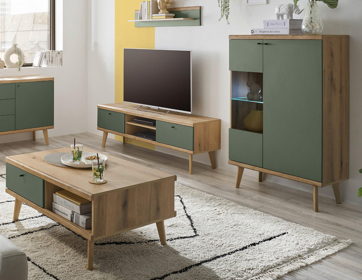 WOHNWAND 3-teilig salbei grün, Eiche Evoke, skandinavisch 260 cm, Schrankwand mit Highboard - Salbeigrün/Eichefarben, Glas/Eichenholz (260/160/40cm) - Furn.Design