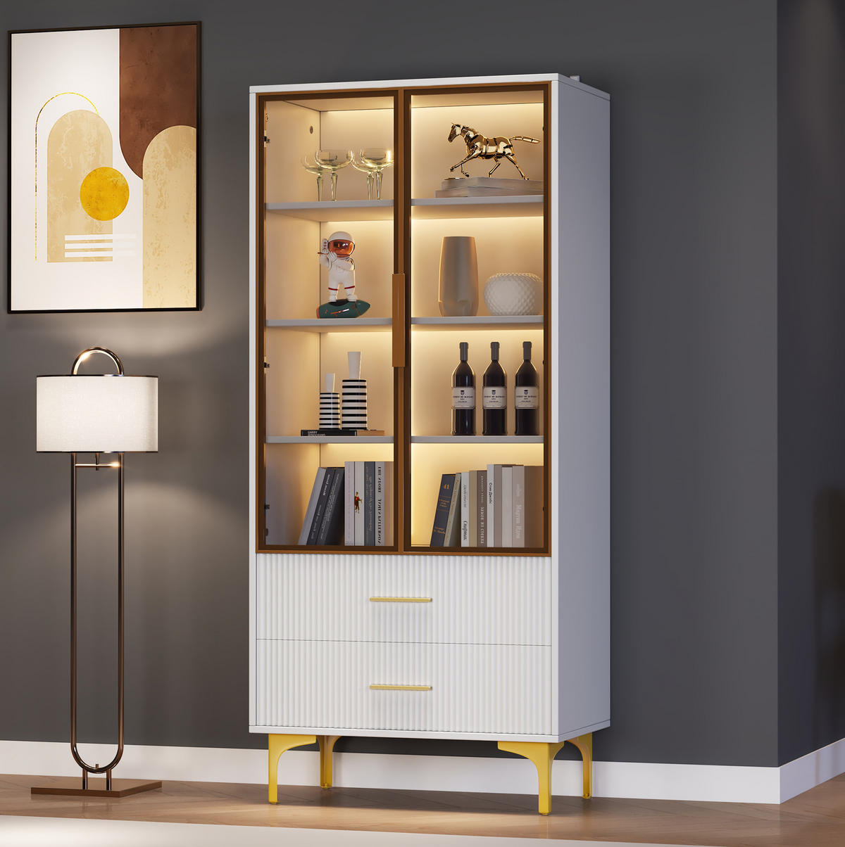 VITRINE 70/35/150 cm aus Spanplatte mit teefarbenen Glastüren und LED-Beleuchtung Weiß - Weiß, Holzwerkstoff (70/150/35cm) - Modenvie