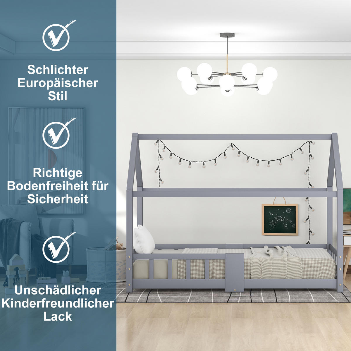 KINDERBETT Hausbett 90x200 cm – Holzbett aus Kiefer Grau mit Tafel, Lattenrost & Rausfallschutz, ohne Matratze - Grau, Holz - Ej. Life