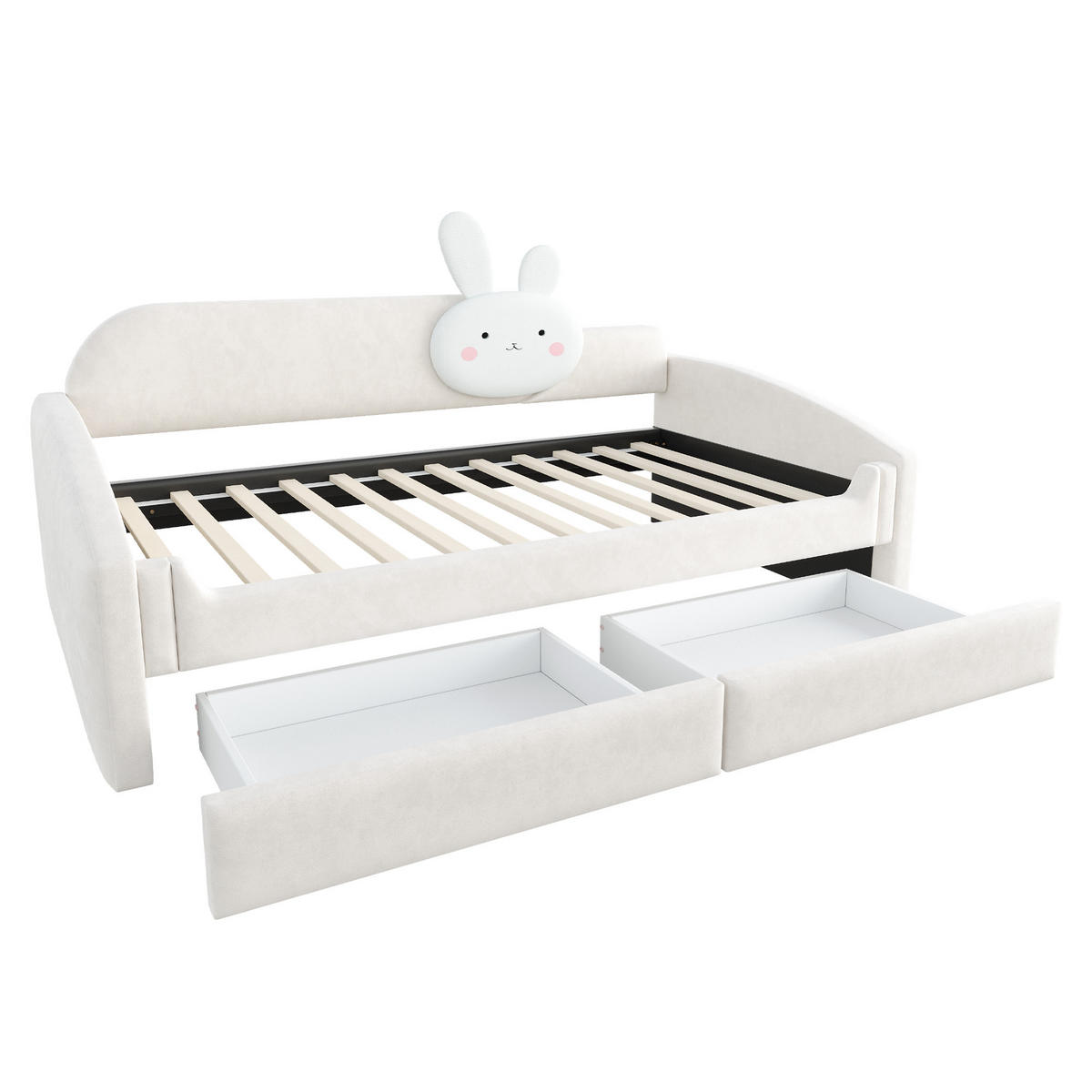 KINDERBETT 90x200cm Samt LED Stauraum Hasenkissen Beige - Beige, Textil (90/200cm) - FLIEKS