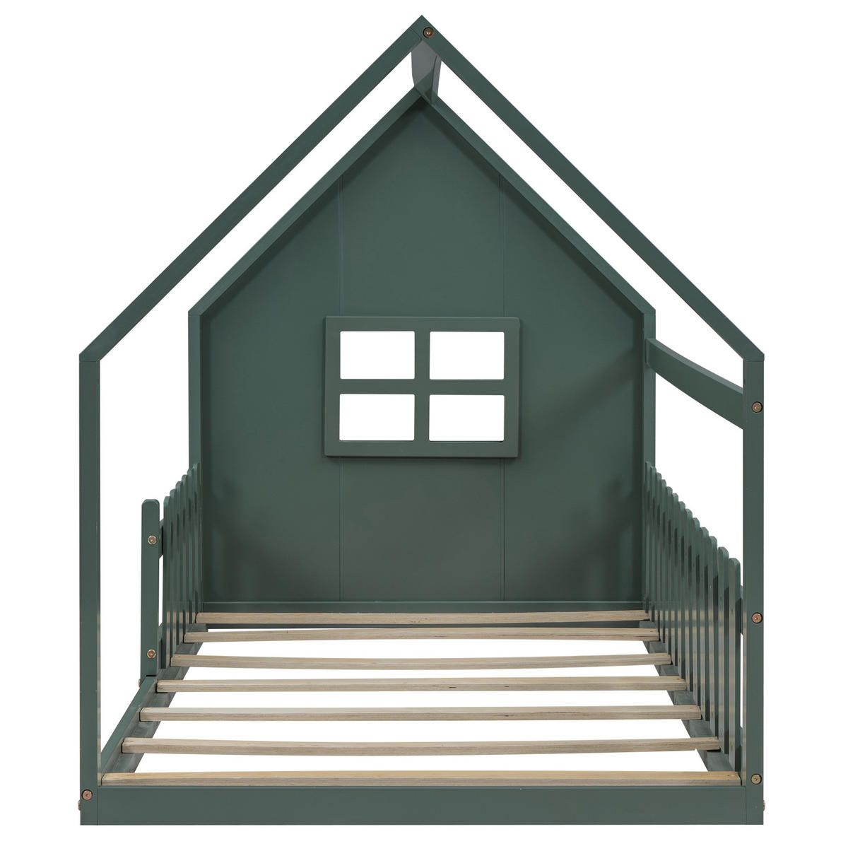 HAUSBETT aus Kiefer und MDF 90x200 cm Grün in Hausform mit Lattenrost und kreativem Design - Grün, Holzwerkstoff (90/200cm) - Modfu